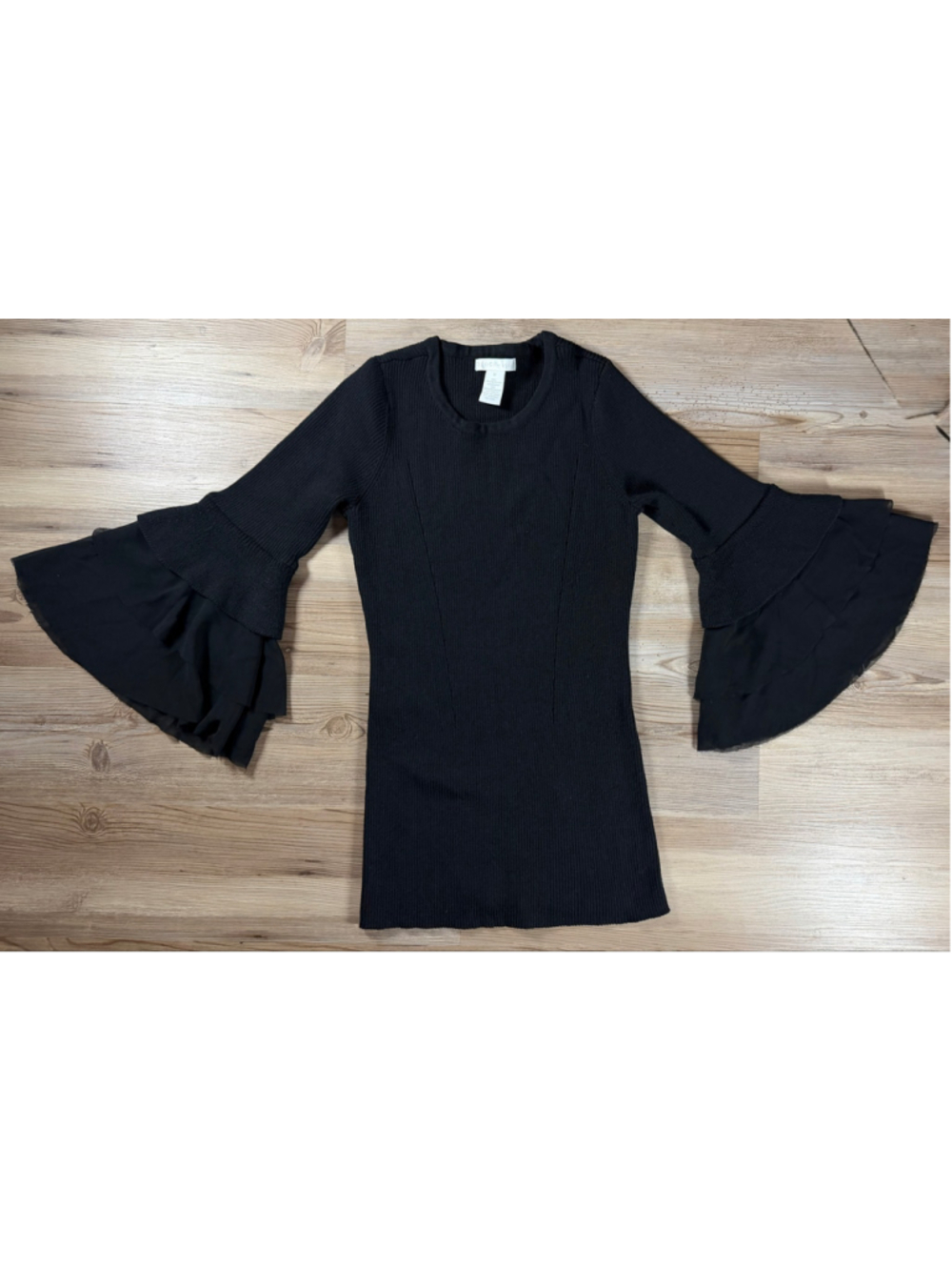 Women's Design History Black Ribbed Knit blouse with Tiered Bell Sleeves, Size M